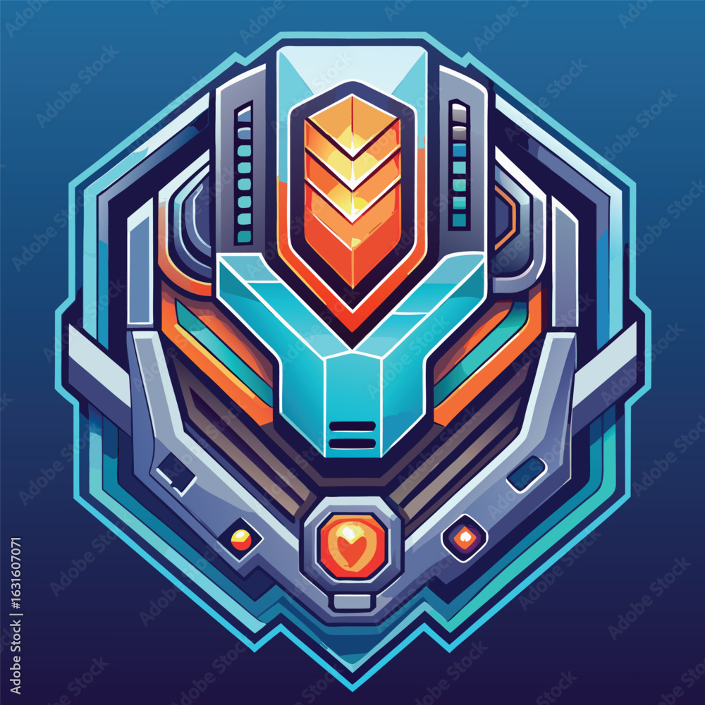 Fototapeta premium Futuristic sci fi robot head emblem with glowing orange and teal accents on dark blue background