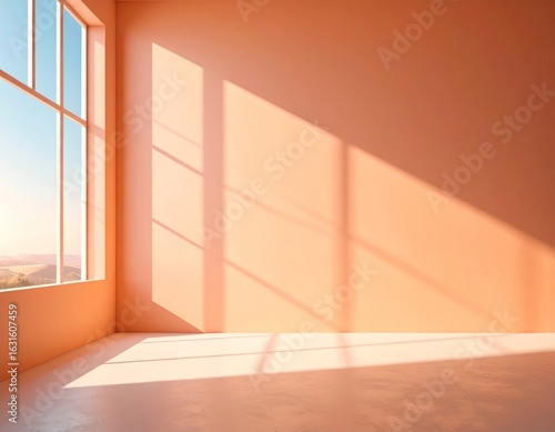 Sunlit Pastel Orange Interior with Window Shadows and Architectural Details