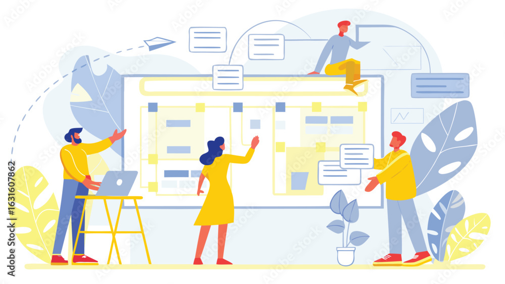 Fototapeta premium Team collaboration on a project board with sticky notes and a paper airplane flying above the board