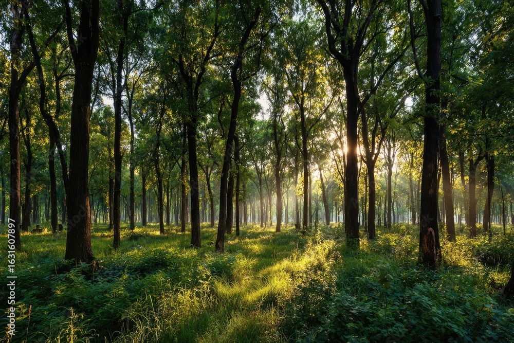 Obraz premium Sunlight streams through a dense forest