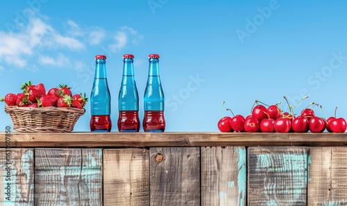 Fruit beverage still life with strawberries cherries and blue bottles against sky