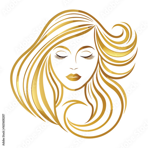 Elegant golden woman face with flowing hair symbolizing beauty and luxury