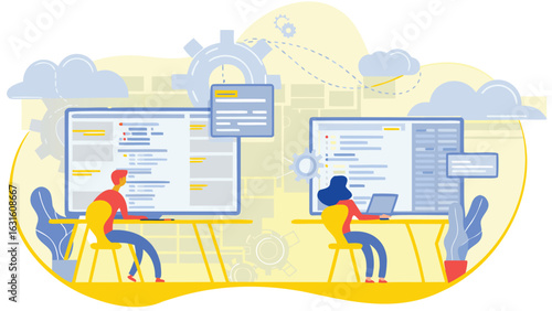 Two developers coding on computers in a collaborative cloud environment with gear and cloud icons