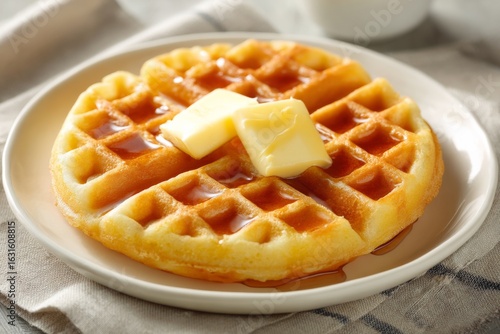 Golden waffle with melting butter on white ceramic plate