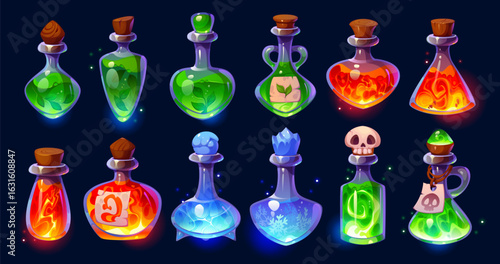 Witch magic potion bottles, Halloween elixir or poison vials. Cartoon vector glass flasks filled with colorful mystical glowing concoctions or brews evoking a sense of enchantment, fantasy and mystery