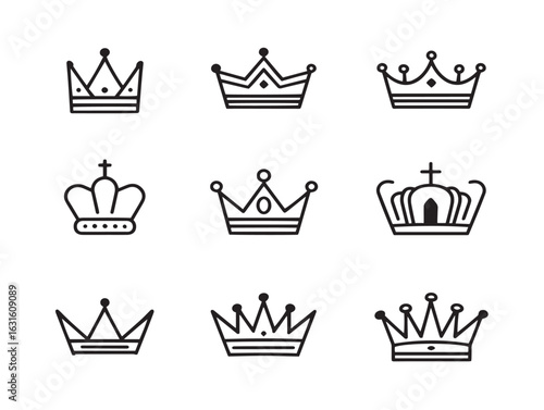 Crown and royal king icons set in modern outlined vector design
