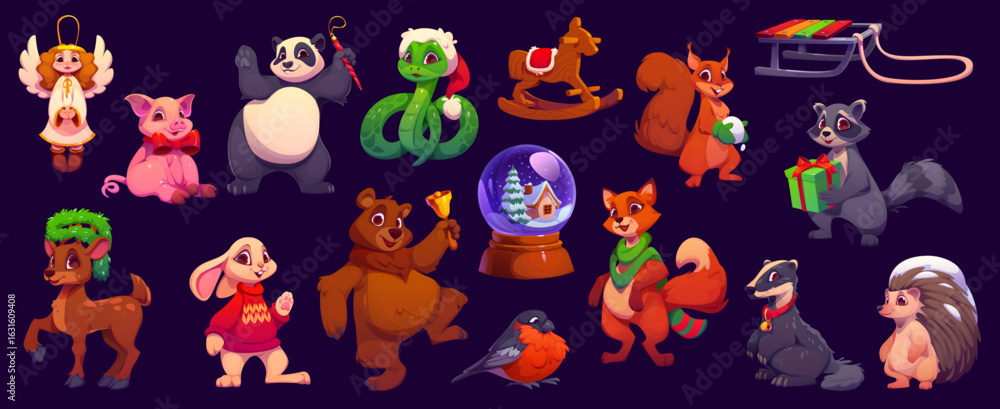 Obraz premium Cartoon Christmas animal characters. Vector festive set of fox, panda, angel, reindeer, rabbit, raccoon, bear and snake. Pig, hedgehog, squirrel with holiday props like sleigh, snow globe and gift