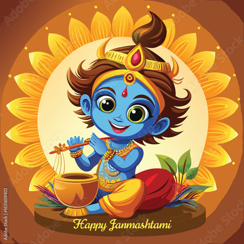 Cute cartoon baby krishna playing flute with butter pot and peacock feather on janmashtami