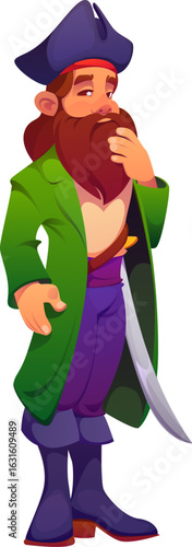 Cartoon pirate corsair character stroking beard thoughtfully. Vector sea privateer personage with calm facial expression, long red beard, sword at waist, wearing green coat, boots and tricorn hat