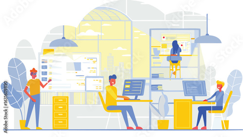 Illustration of a modern office space with employees working at their desks and collaborating on projects