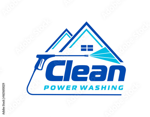 House washing and cleaning service icon or symbol. House exterior cleaning, concrete washing professional service blue vector emblem or company sign with water jet power washer and house roofs