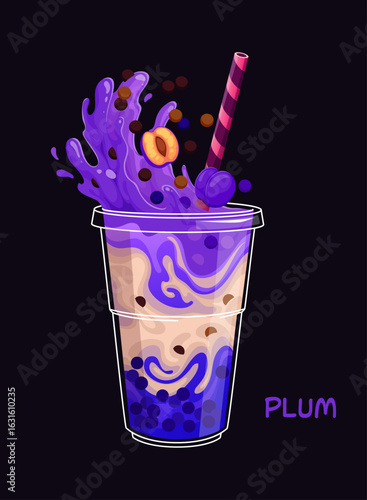 Cartoon milk plum bubble tea glass with bright splashes and fruits Vector purple drink with tapioca boba pearls in a transparent plastic cup, topped with a straw and splashes of sweet liquid beverage