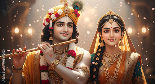 Krishna and Radha in traditional attire with flute and jewelry