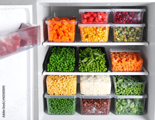 Fototapeta Naklejka Na Ścianę i Meble -  Organized freezer with various frozen vegetables and fruits