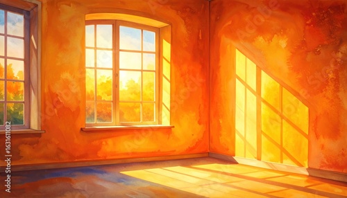 Watercolor Room Interior with Sunlight Streaming Through Large Window Creating Warm Shadows and Yellow Orange Tones