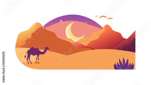 Explore desert landscape with camel under moonlight vector illustration background design graphic art