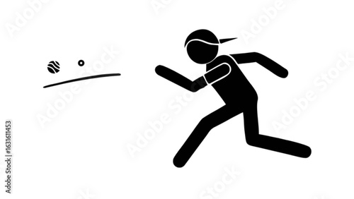 Stick figure baseball player running to catch a baseball vector illustration graphic design image