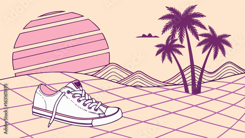 Retro sneaker shoe illustration with palm trees and sunset vector graphic design template