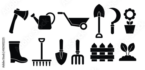 Black Gardening Tool Icons, Farm, Agriculture, Plant, Shovel, Spade, Boots, Fence, Symbol Vector Design Set