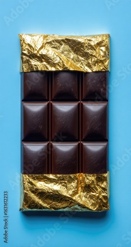 Dark chocolate bar wrapped in gold foil on a blue background