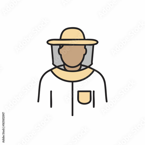 Beekeeper icon showing person wearing protective suit and net hat, perfect for beekeeping enthusiasts and related businesses. Beekeeper icon in clean style highlights the importance of apiculture.