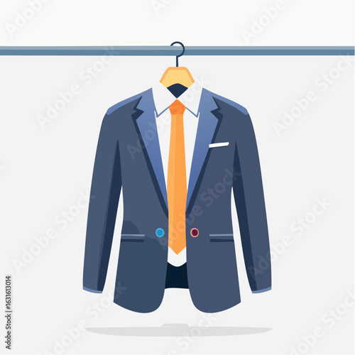 Minimalist flat vector of a close-up of a formal shirt, blazer, and tie ensemble hanging on a clothing rack with soft background lighting