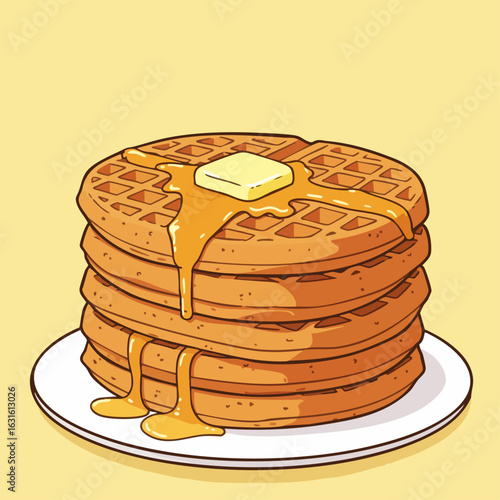 Waffles illustration of a stack of waffles with butter and syrup on plate. Delicious waffles illustration for breakfast, brunch, or dessert, complete with dripping syrup.