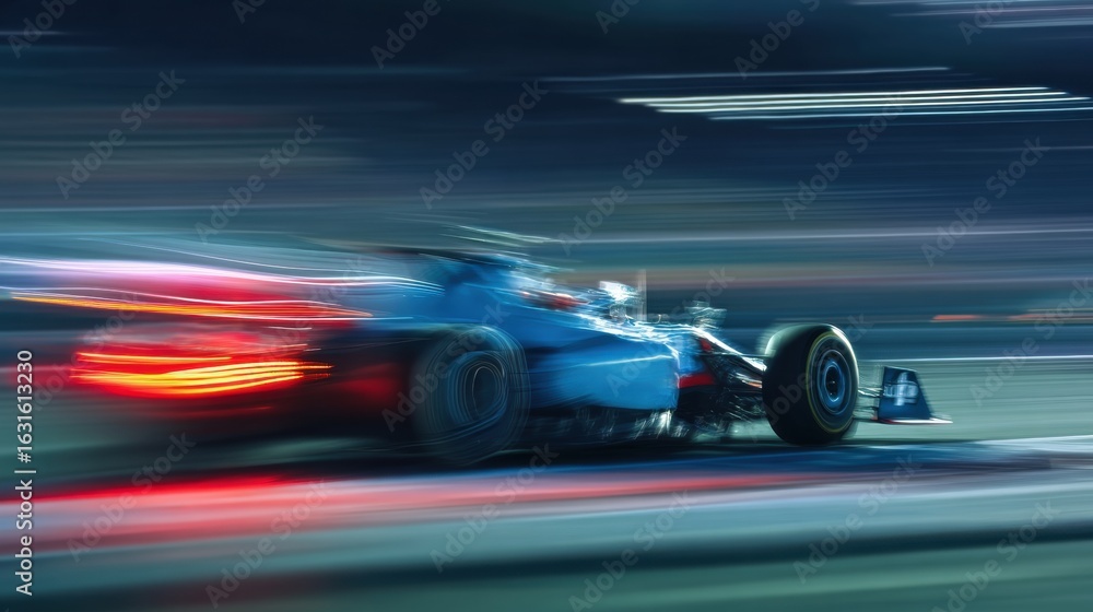 Race car speeds on a track under bright artificial lights, illuminating its sleek design and blur of motion; concept of high-speed racing and vibrant night events. Race car speeds on a track under bright artificial lights, illuminating its sleek design and blur of motion; concept of high-speed racing and vibrant night events.