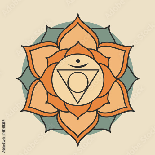 Sacral chakra symbol on floral background depicting the Swadhisthana chakra. Sacral chakra detailed components include sacred geometry, spirituality and religion.