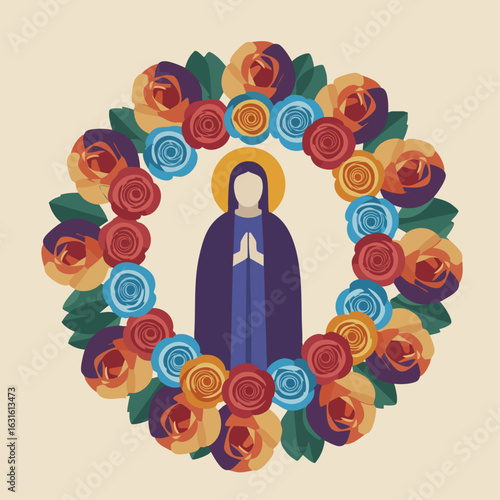 Religious image of virgin mary surrounded by colorful roses. Spiritual artwork featuring virgin mary in prayer encircled by vibrant rose wreath. Perfect religious image for prayer cards,