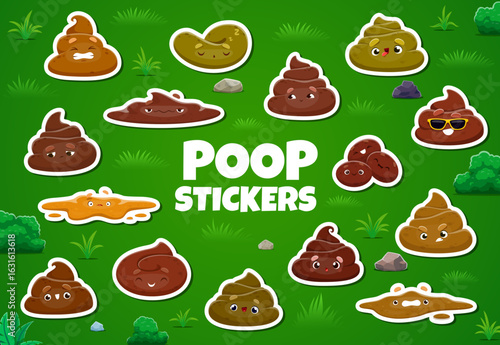 Cartoon poop emoji poo characters stickers pack. Sad, angry and surprised poop funny personages vector patches set. Foolish, sleeping and cheerful poo, excrement or toilet shit kawaii emoji characters
