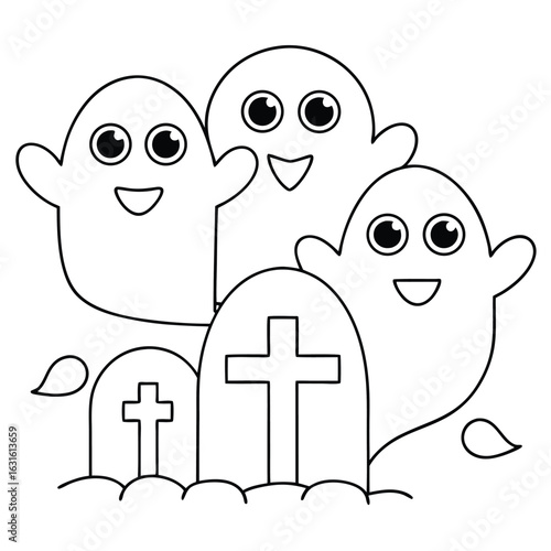 Three happy cartoon ghosts hovering over tombstones with crosses on a white background character