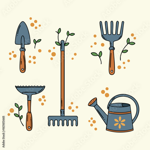 Image effects show Gardening tools on display, including shovel, rake, and watering can. Gardening tools are essential for outdoor projects, flowerbed and landscape.