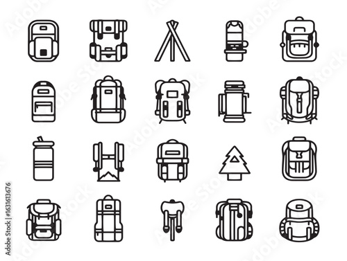 Hiking and backpack icons in adventurous vector line style