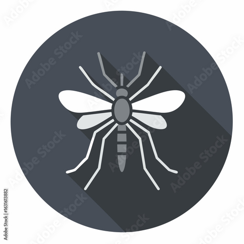 Mosquito control theme with white mosquito icon on dark circle. Mosquito control symbol includes silhouette for preventing insect bites during summer and rainy season.