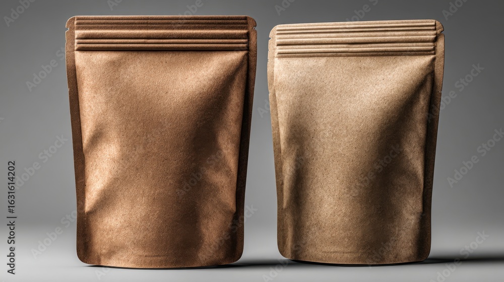 Obraz premium Brown kraft paper bags for food packaging showcase different textures and designs at a product display setting