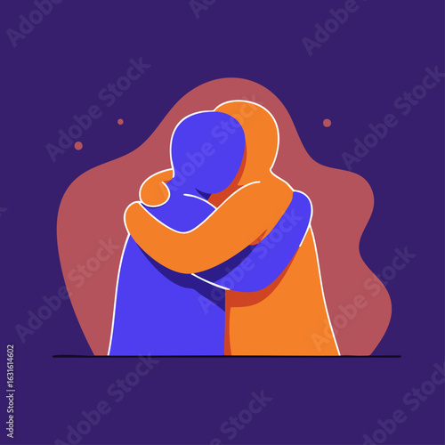 Empathy illustration showing two figures embracing, showcasing ImageFX. Empathy illustration visualizes compassion with simplified shapes and a warm color palette, in the context of ImageFX.