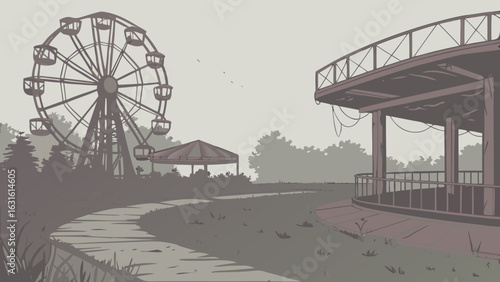 Abandoned amusement park scene featuring a ferris wheel and a gazebo under a cloudy sky.