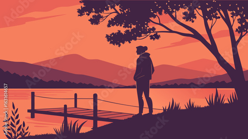 Silhouetted figure by a serene lake at sunset, with vibrant orange and purple hues reflecting off the water.