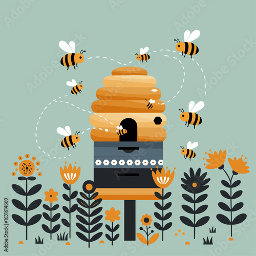 Beehive surrounded by cartoon bees flying around, with colorful flowers. Beehive shows the activity of bees, making honey in summer garden.