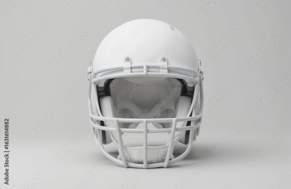 Fototapeta premium Front view of clean white football helmet mockup, featuring complete face mask. 3d rendered sports equipment ideal for customization design presentations, offering blank canvas for branding.