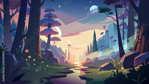 A tranquil sunset over a serene river in a vibrant forest, showcasing vivid colors and stylized trees.