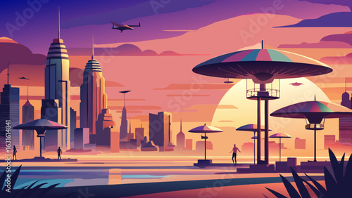 A futuristic cityscape at sunset, showcasing sleek skyscrapers and hovering drones against vibrant colors.