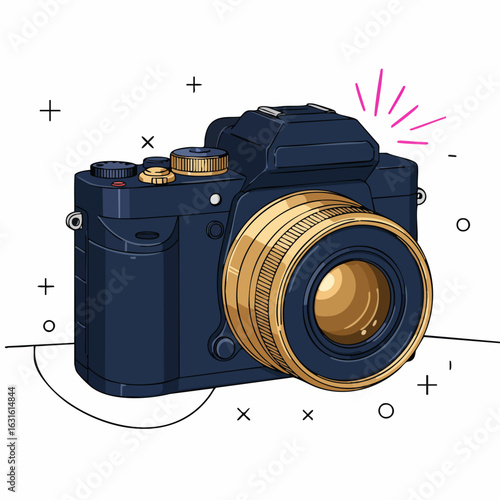 Camera illustration with blue and gold accents on white, an eye-catching camera illustration for photography enthusiasts. Stylish camera illustration for blogs and social media posts,