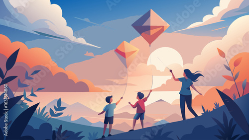 A woman and two children fly colorful kites at sunset, surrounded by vibrant clouds and mountains, capturing a moment of joy.