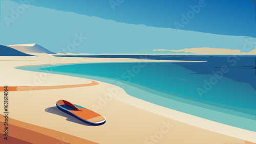A serene beach scene featuring a colorful boat resting on the golden sands under a clear blue sky.