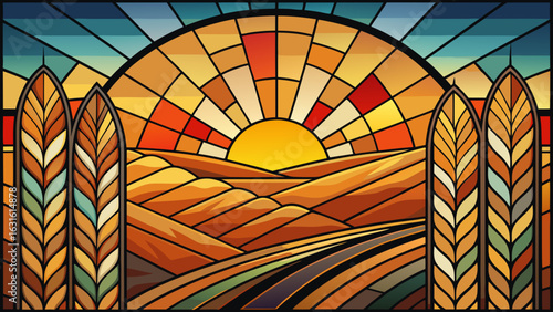 A vibrant stained glass art piece depicting a sunset over golden fields, symbolizing harvest and abundance.