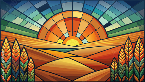 A vibrant stained glass depiction of a sunset over rolling hills, showcasing warm colors and rustic wheat stalks.