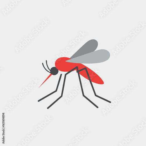 Mosquito illustration showing red mosquito with gray wings. Flat mosquito illustration conveys a clear message about disease prevention and insect control.