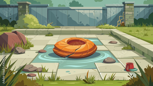 A vibrant, cartoon-style illustration of an orange inner tube resting in a small, tranquil pool surrounded by lush green grass.